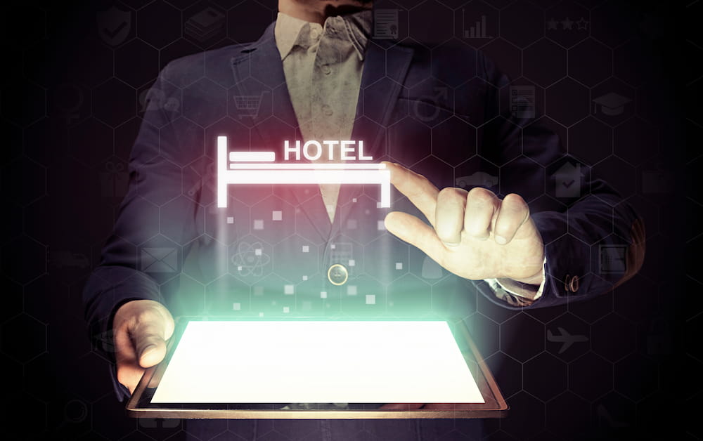 Businessman shows interactive hotel marketing holography
